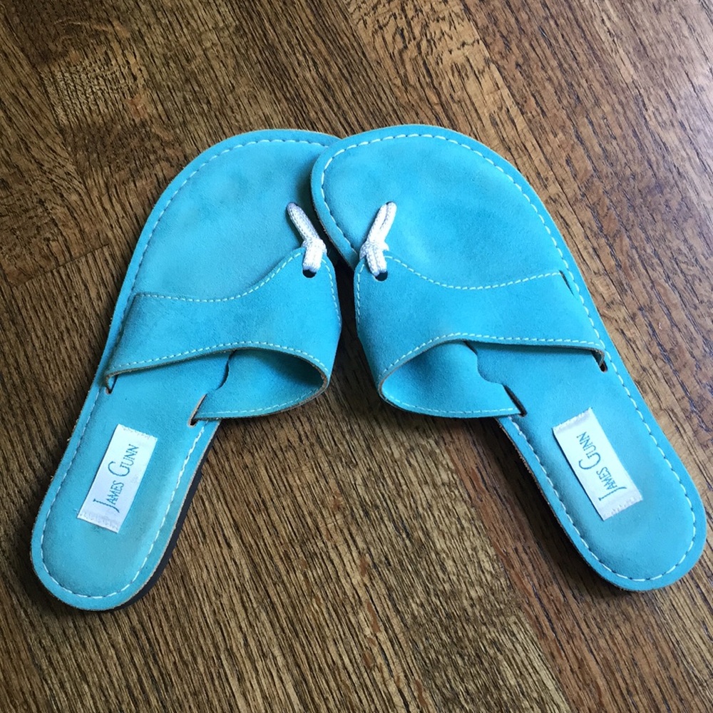 James Gunn turquoise suede flip flops